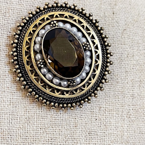 Victorian style faux Pearl smoky quartz oval brooch pendant 925 Sterling - Picture 7 of 11